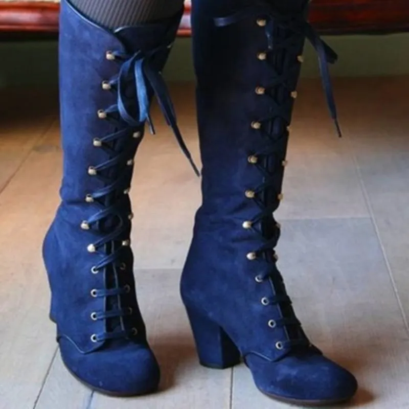 Women's High Boots Autumn Knight Boots Gothic Female Mid Calf Lacing Martin Boots Women Size 42 High Heel Boots Botas De Mujer