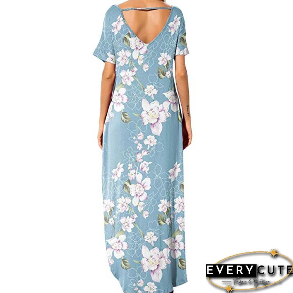 Light Blue Floral Print Short Sleeve Slit Maxi Dress