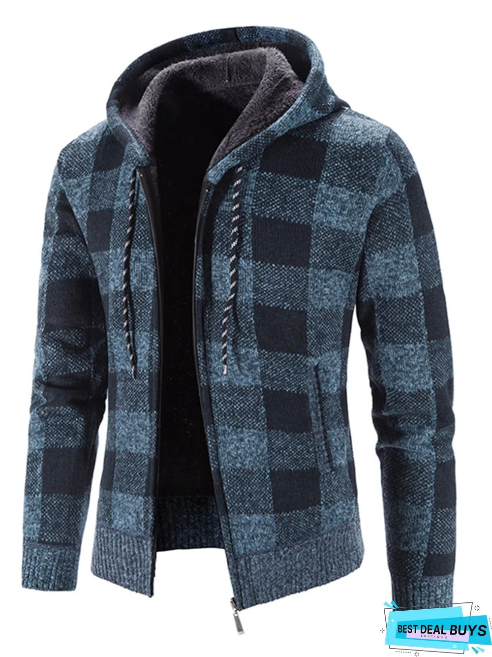 Men's Plaid Color Matching Hooded Loose Long Sleeve Sweater Coat