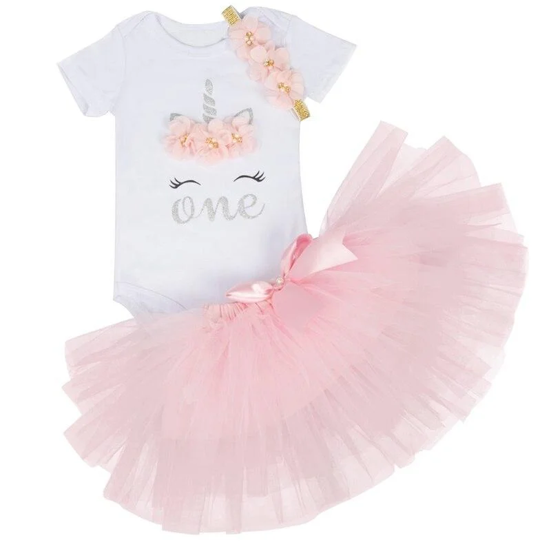 Flower Headband Short Sleeve Top and Tutu Dress Outfits 3pcs for 1 Year Baby Girls First Birthday Party Cotume Newborn Clothes