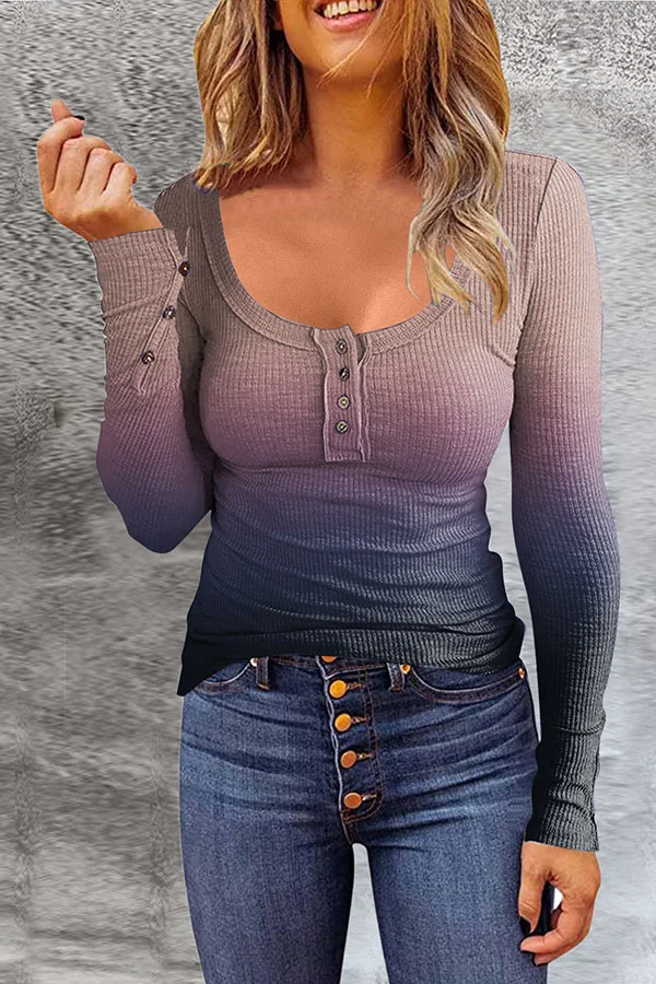 Multicolor Button Gradient Long Sleeve Stretch Top
