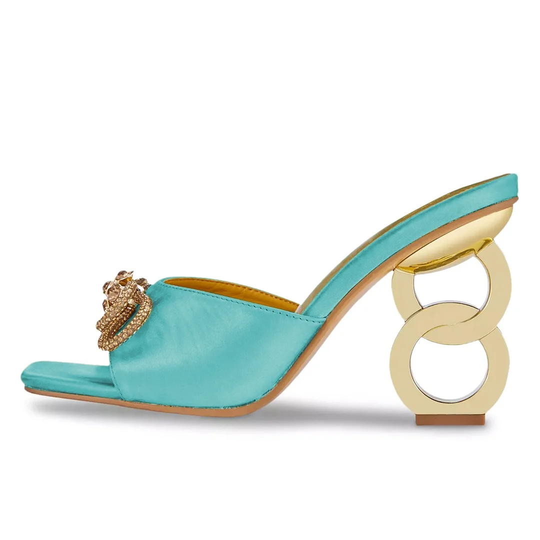 Turquoise Square Toe Heeled Rhinestone Bow Wide Strap Summer Sandals