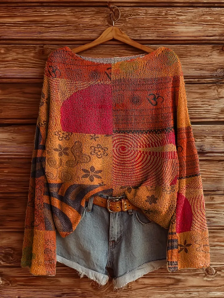 Women's Vintage Hippie Patchwork Art Print Casual Pullover Sweater