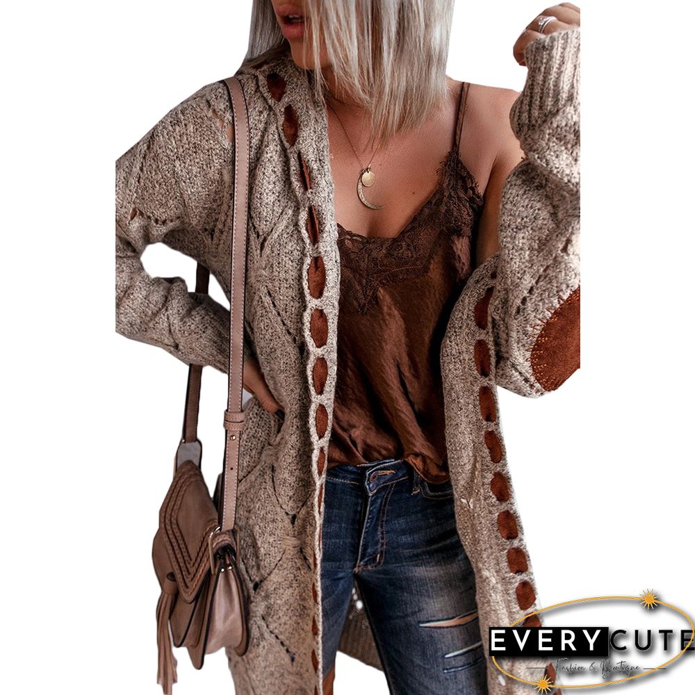 Khaki Patch Knit Long Sleeve Cardigans