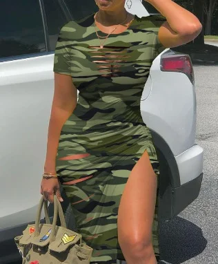 Wongn Wongn Sexy Round Collar Short Sleeve Slit Pleated Dress