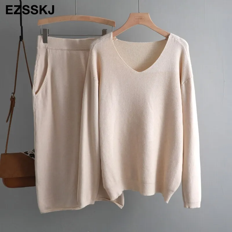 v-neck lazy oversize Sweater suit dress women casual loose sweater +straight skirt with pocket  feamle sweater set dress
