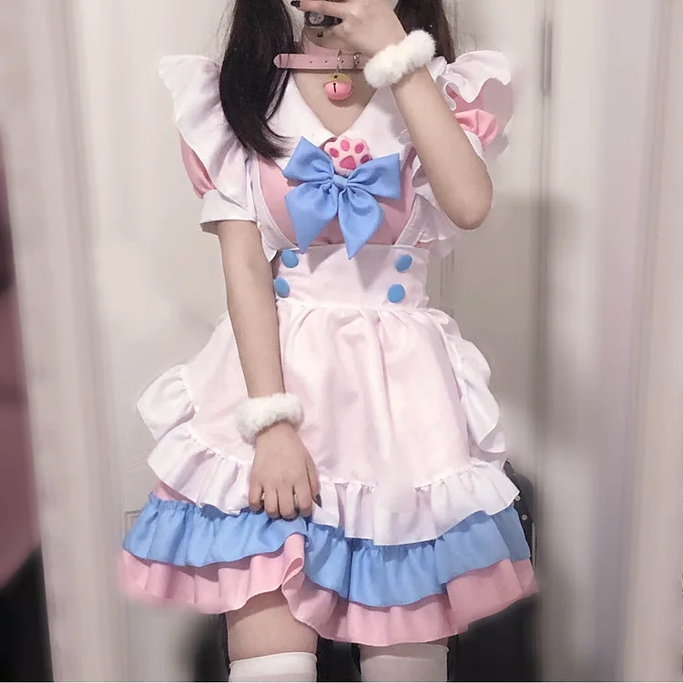 Lolita Cat Paw Pink Maid Dress Cosplay Outfit-elleschic