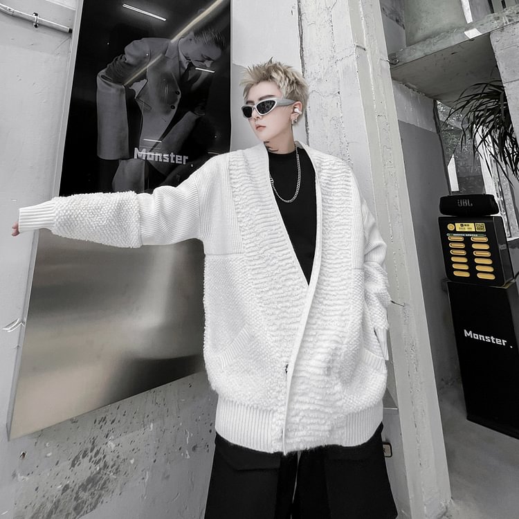 Dawfashion-Solid Color Twist Flower Dark Button Loose Knitted Cardigan Sweater-Yamamoto Diablo Clothing