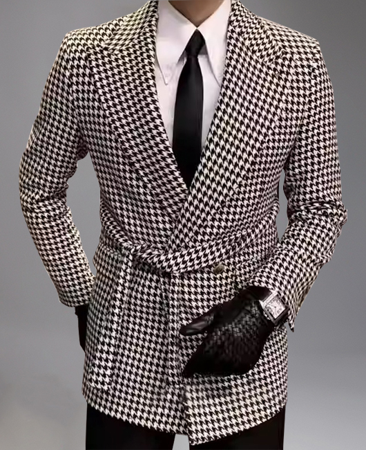 Business Woolen Houndstooth Pattern Peaked Lapel Double-breasted Belt Blazer