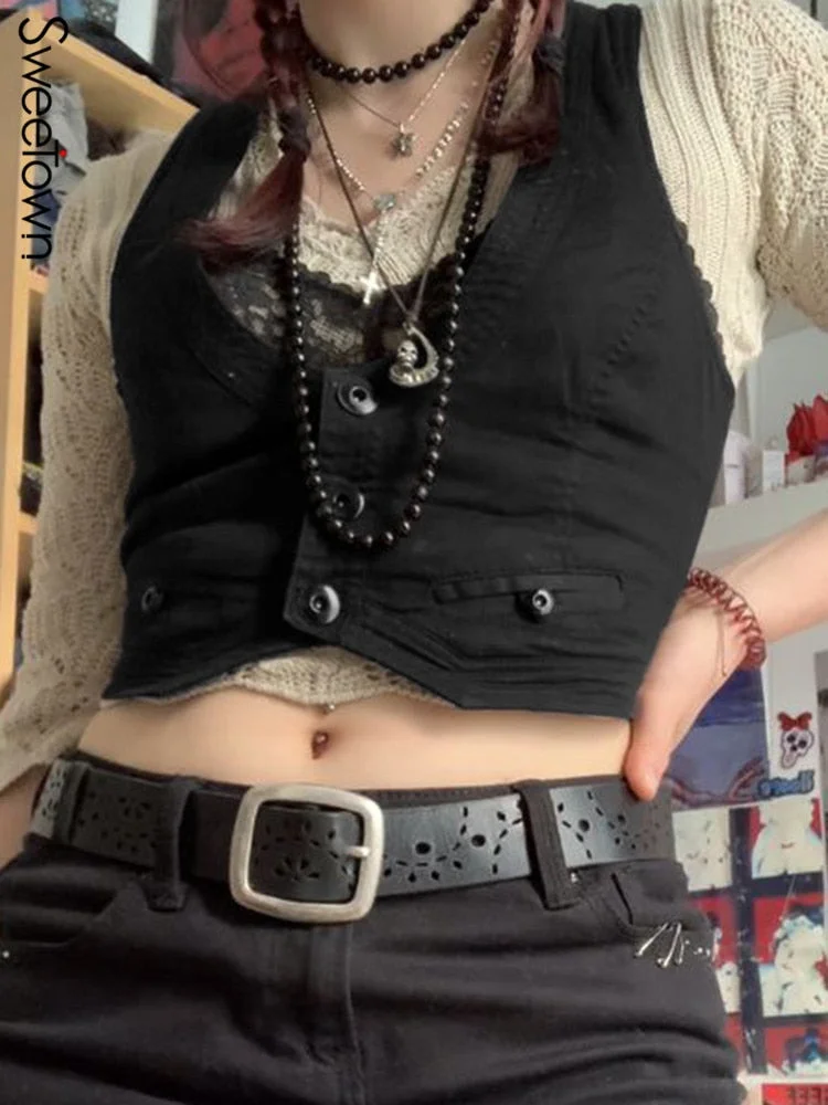 Sweetown 2021 Black Button Streetwear Vest Tops Women Cute Insta Outfits High Street O Neck Casual Tanks Cropped Girl Techwear