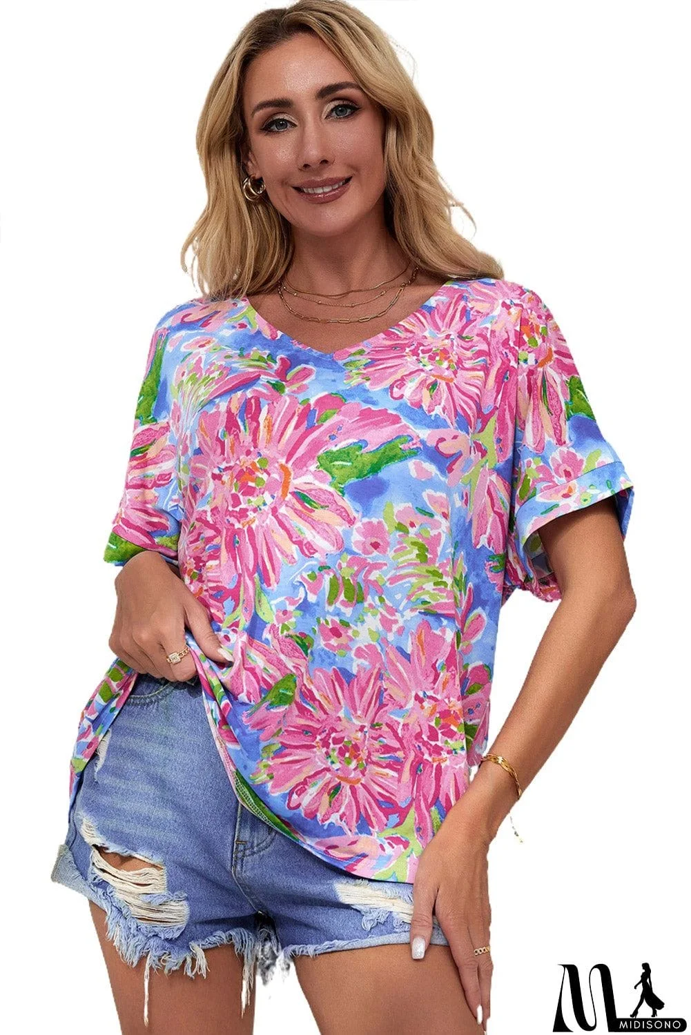 MidiSono - Pink Floral Print V Neck T Shirt