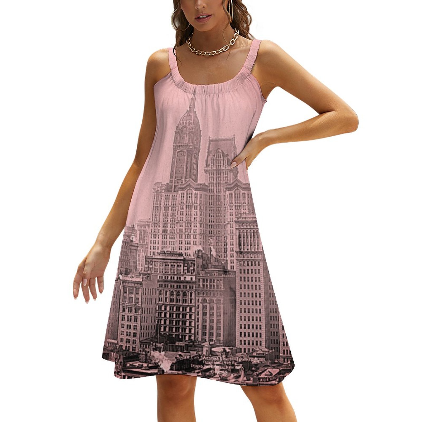 New York City Skyline Vintage Manhattan Summer Hawaiian Beach Retro Dresses Casual Sling Sleeveless Printed Knee Length Dress City Pattern-L
