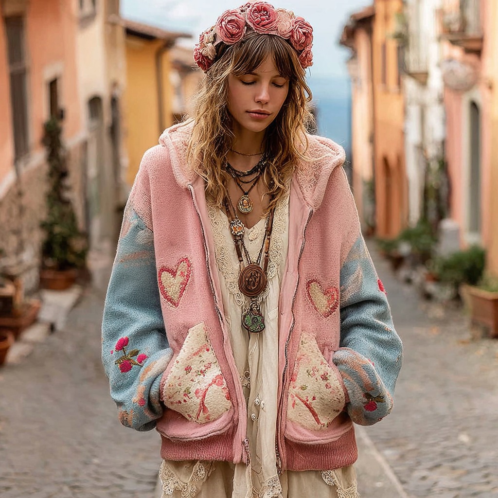 Women's Valentine's Day Heart And Rose Floral Pattern Hooded Cardigan wearshes