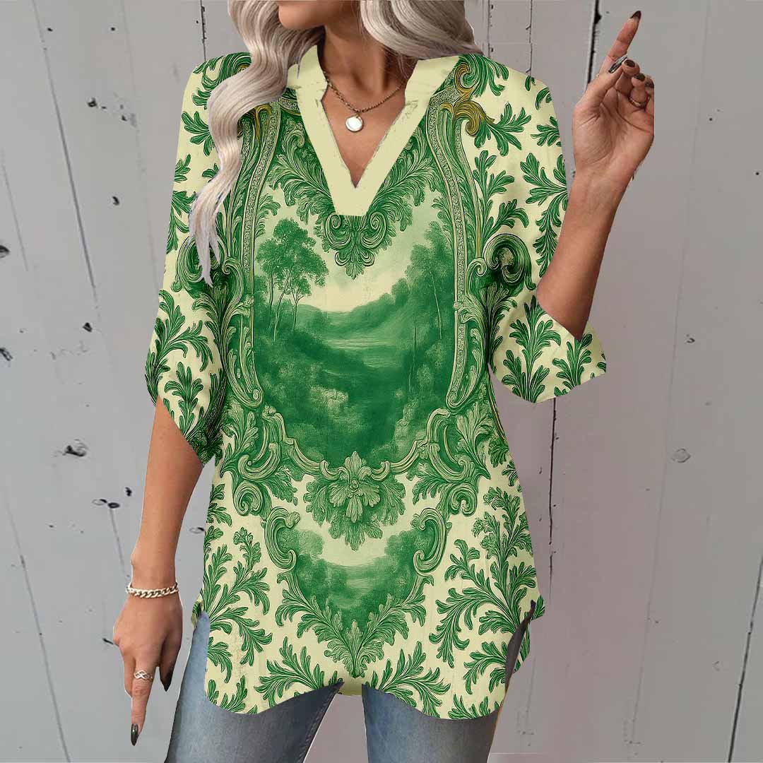 Women Retro, Green DZGA0175 3/4 Sleeve V-neck Printed Graphic Button Tops