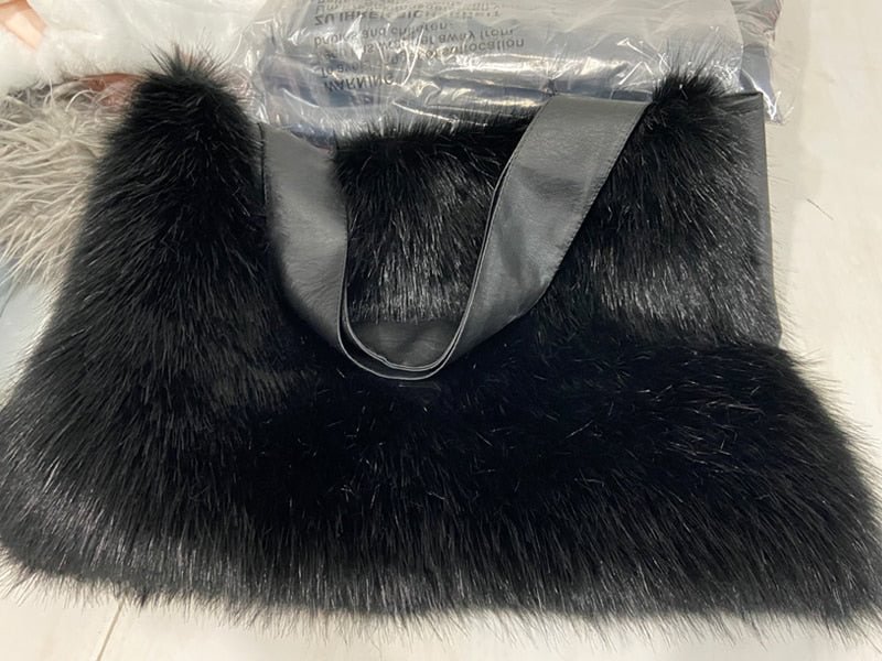 luxury faux fur women shoulder bags designer plush handbags pu leather patchwork lady clutches large capacity tote purses winter
