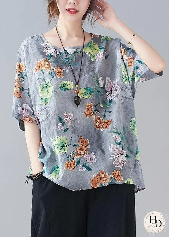 Plus Size Yellow Print Batwing Sleeve Cotton Linen Summer Top