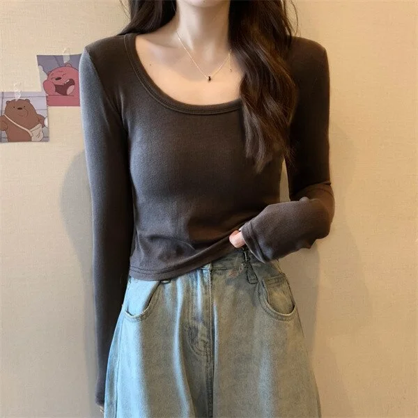 Basic Cotton T Shirt Women U-neck Slim Tshirt Long Sleeve T-shirts Female Casual Elasticity White Black Tee Shirt Femme Top