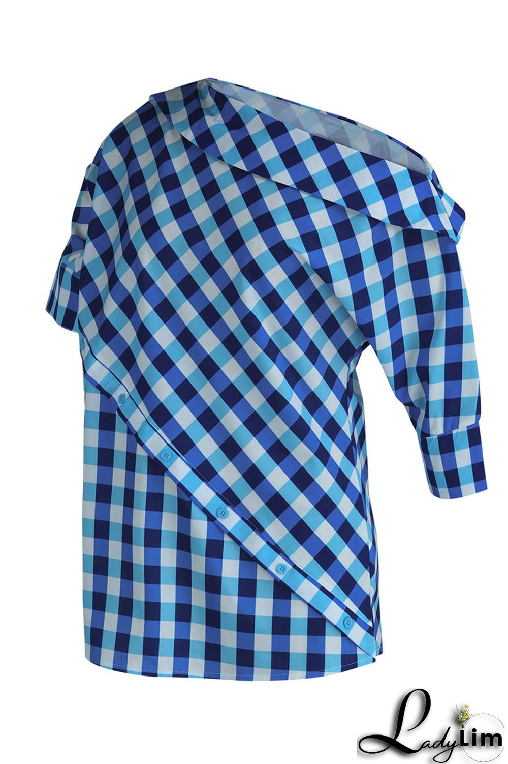 Black Casual Plaid Print Patchwork Asymmetrical Oblique Collar Tops