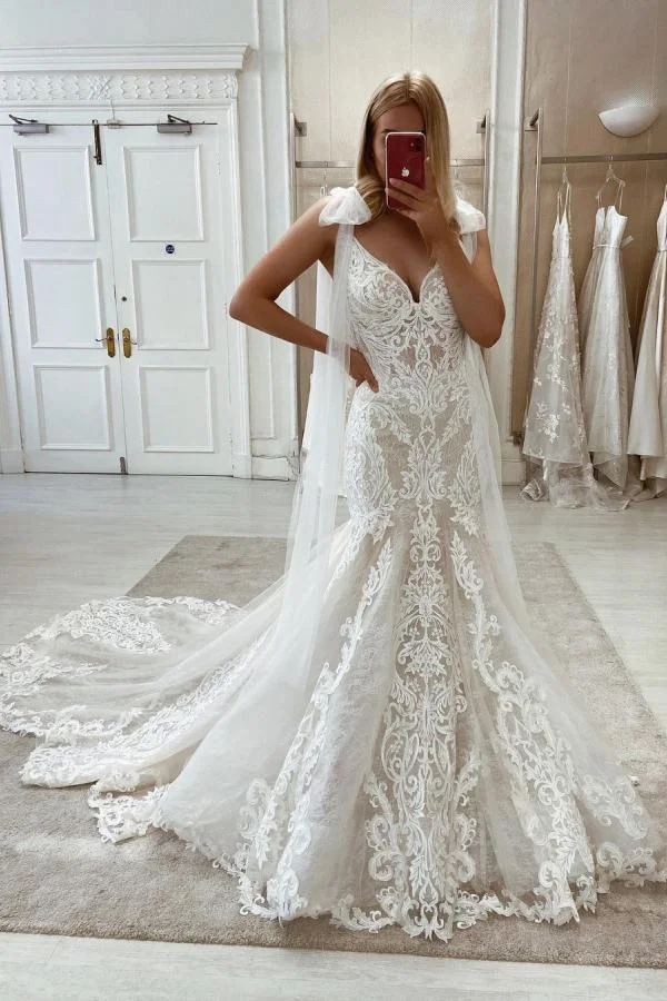 Daisda Long Mermaid Lace Sweetheart Wedding Dress With Sweep Train