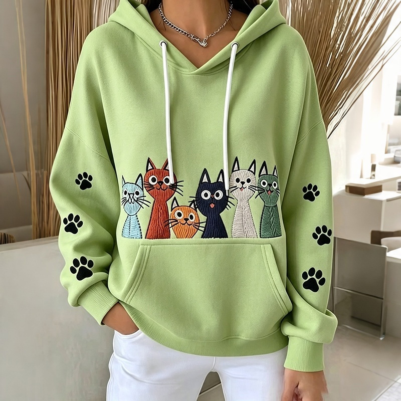 Comstylish Women's Retro Cute Cat Print Casual Hoodie