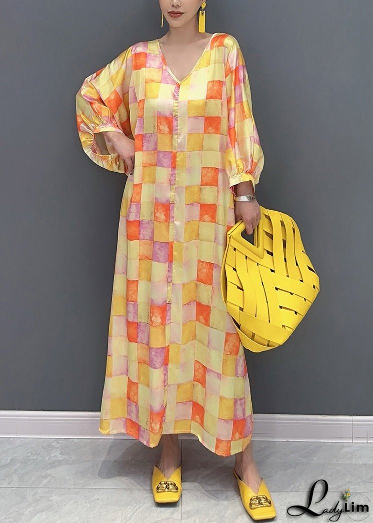 Chic Yellow V Neck Plaid Silk Long Dress Lantern Sleeve