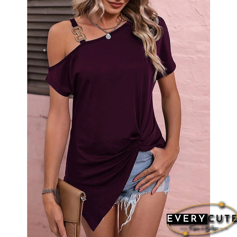 Fuchsia Asymmetric Dew Shoulder Short Sleeve Top