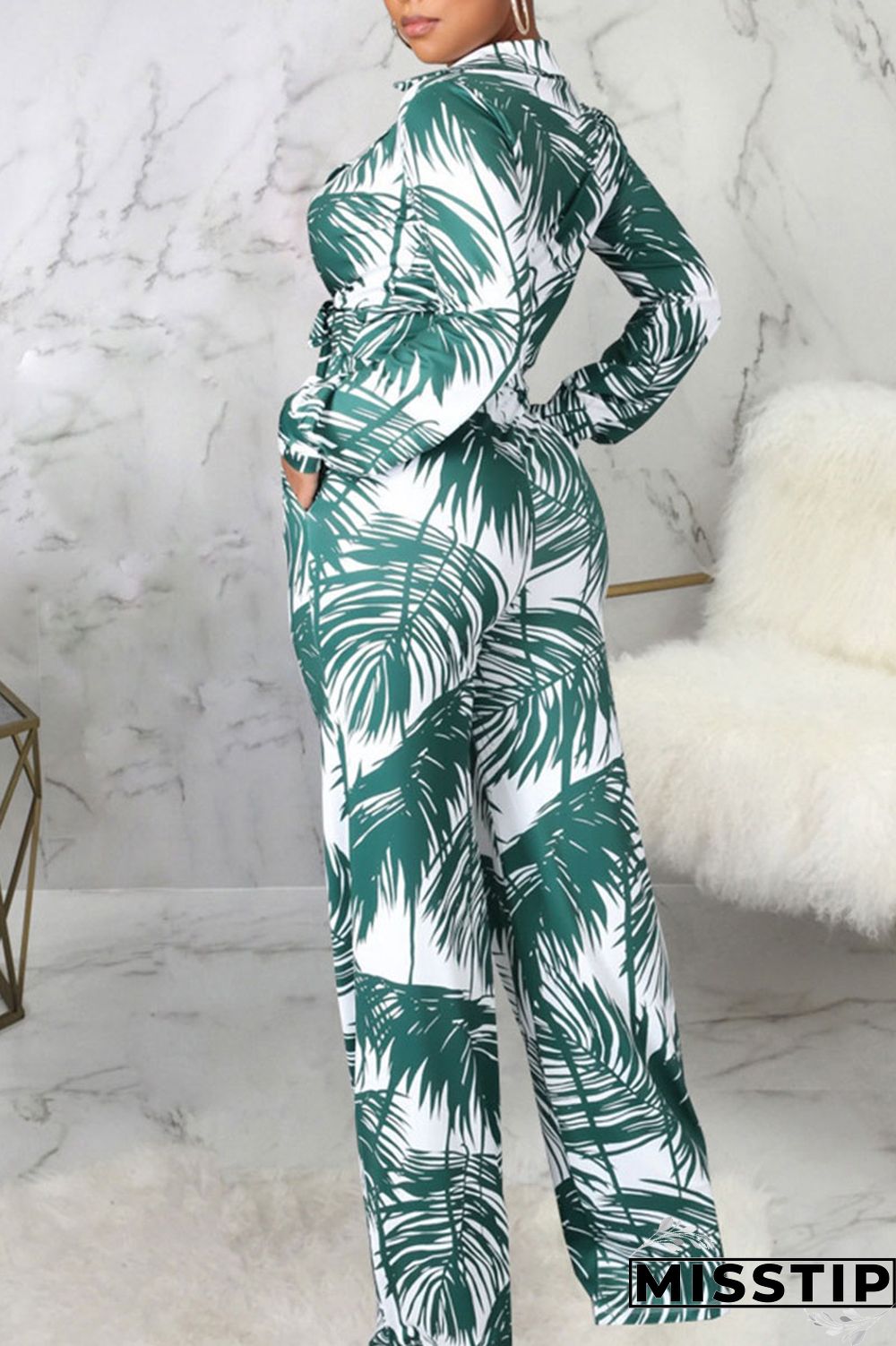 Cyan Casual Print Bandage Patchwork Turn-back Collar Long Sleeve Two Pieces
