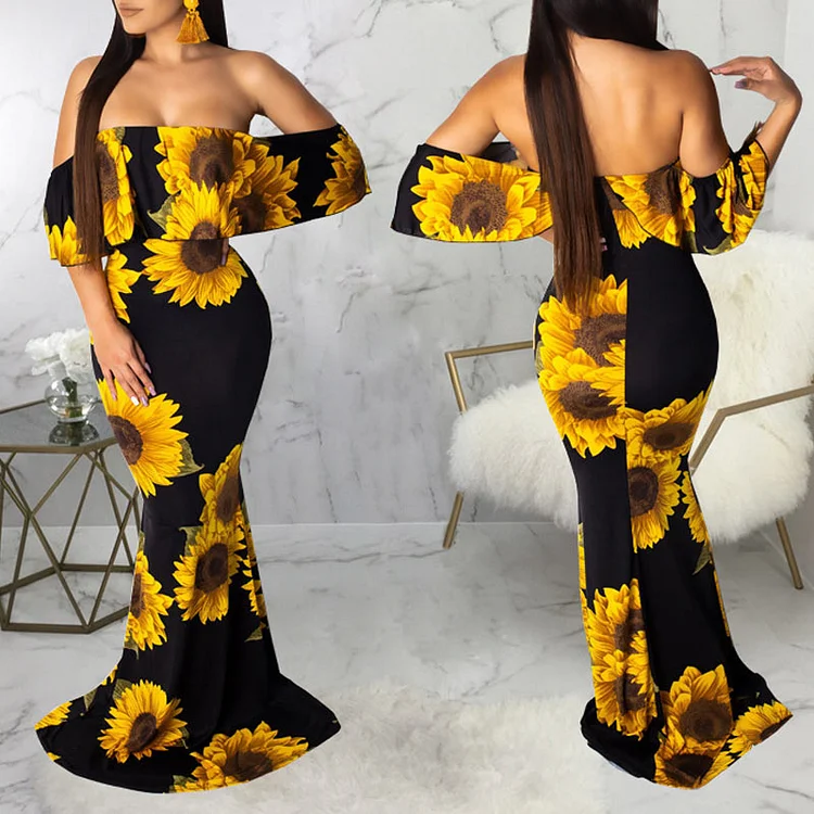 Sunflower Print Off Shoulder Maxi Dress - IRBOOM Fashion Clothing
