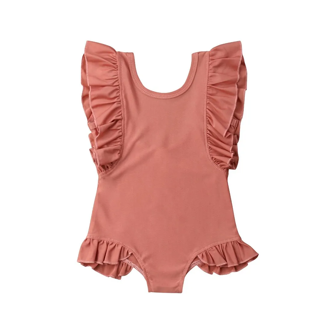 2019 Brand New Toddler Kids Baby Girl Swimwear Ruffles Sleeveless Solid Summer Swimsuit One Piece Bathing Swimming Suit 1-6T