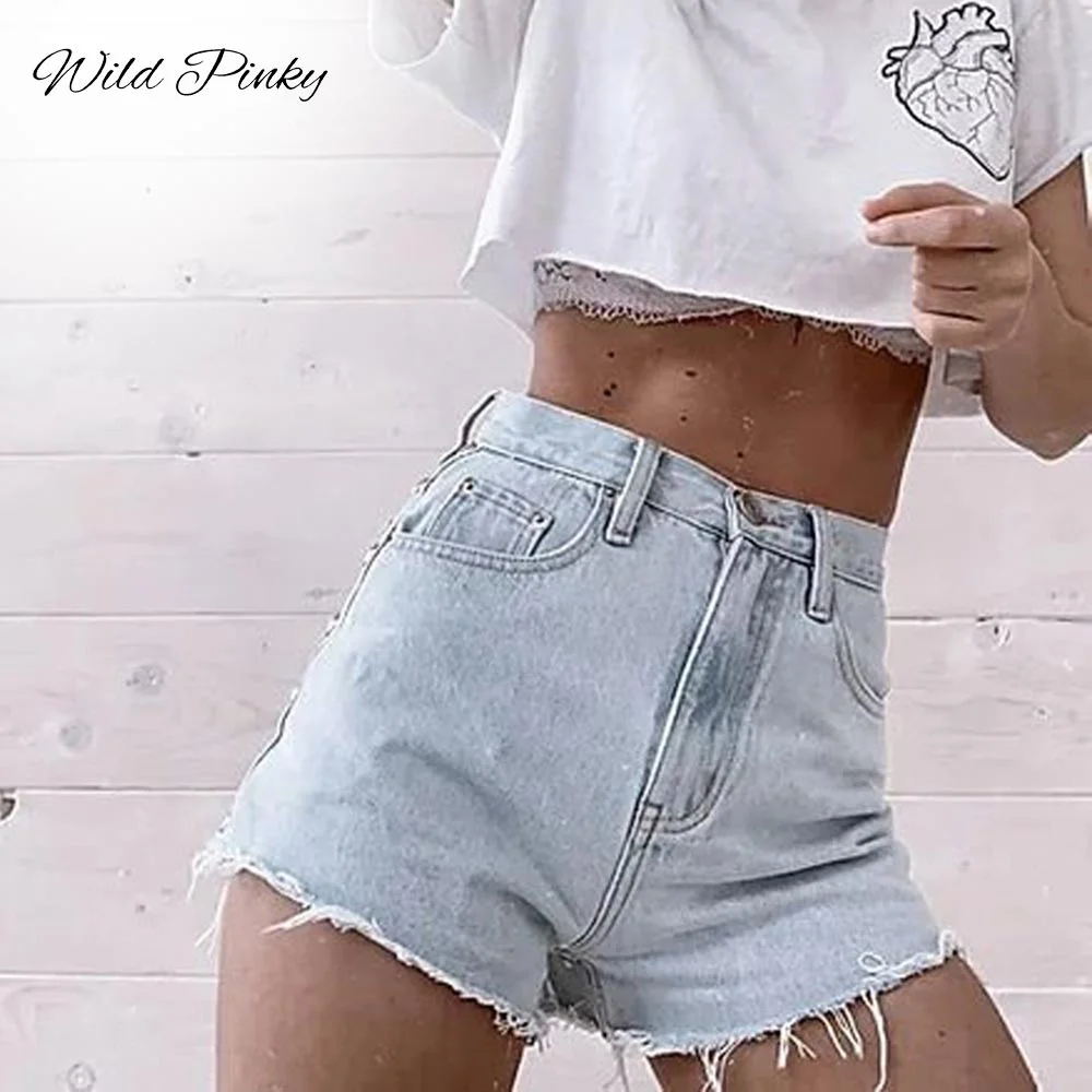 WildPinky Women's Washed Denim Rivets Shorts Classic Vintage High Waist Female Casual Summer Ladies Shorts Jeans For Women