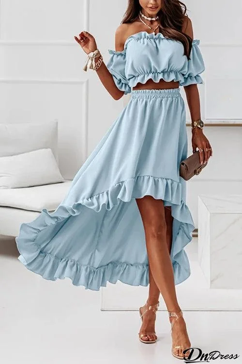 Flounce Off Shoulder Crop Irregularity Skirt Set