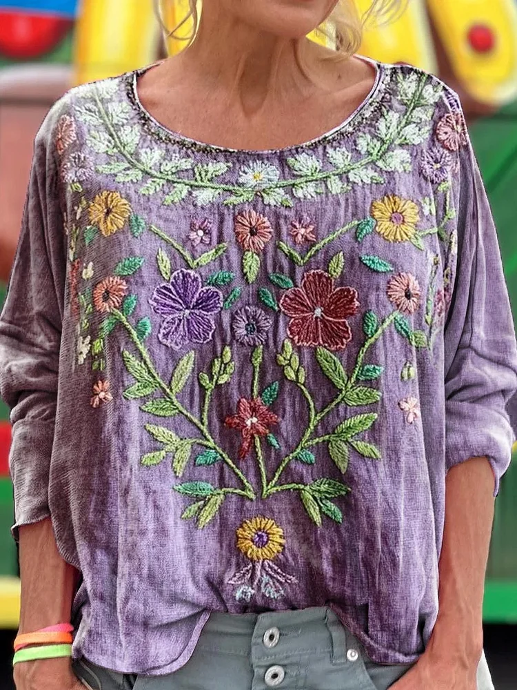 Women's Vintage Ethnic Floral Art Print Casual Cotton Linen Shirt