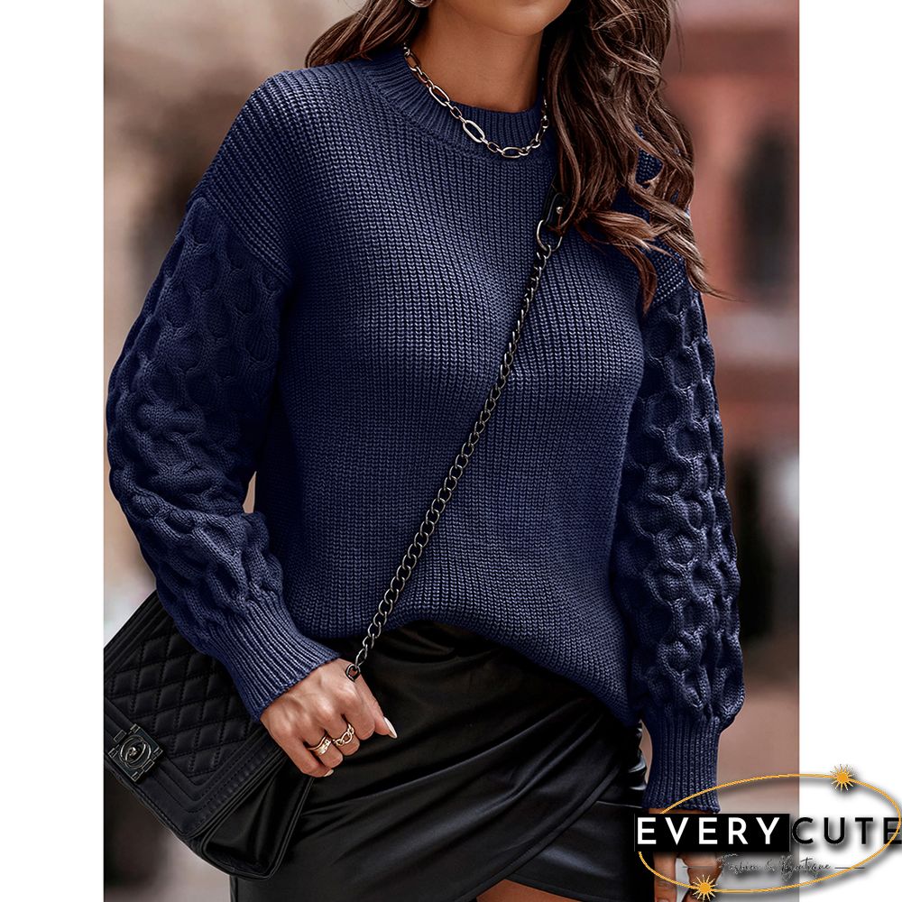 Navy Blue Ribbed Drop Shoulder Long Sleeve Sweater