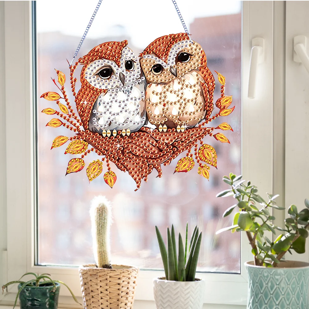 DIY Autumn Owl Special Shape Diamond Painting Hanging Pendant