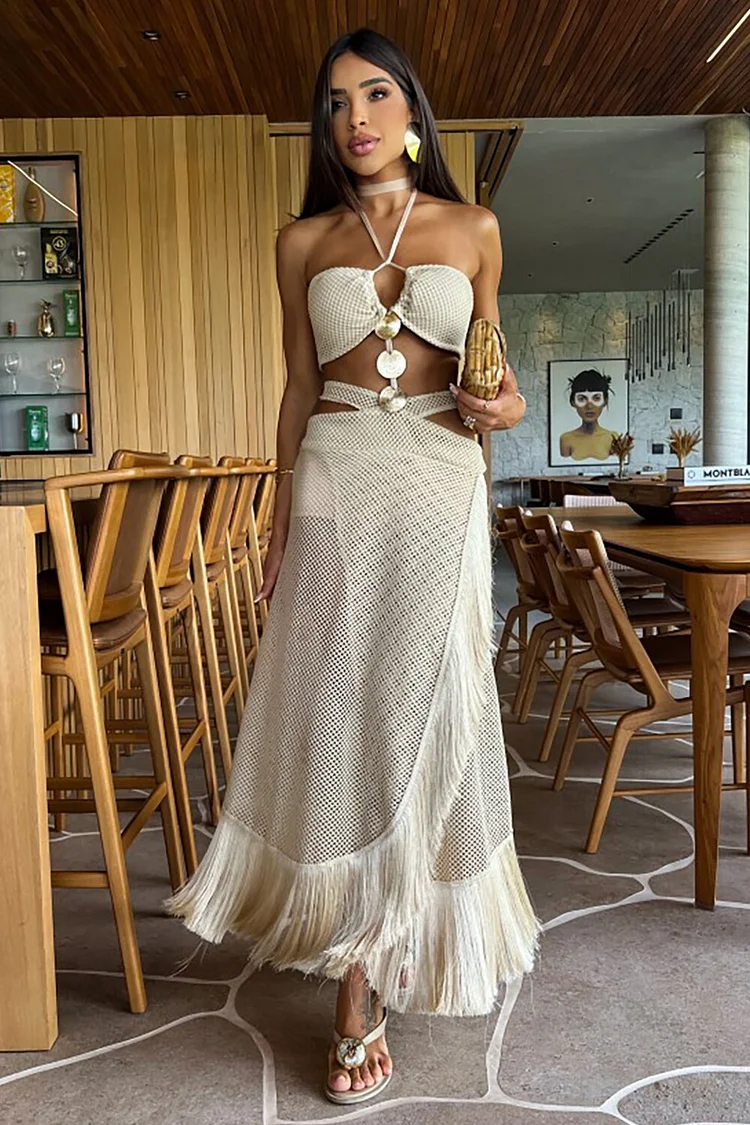 Halter Cutout Crochet Fringed Trim Backless Maxi Dresses-Beige [Pre Order]