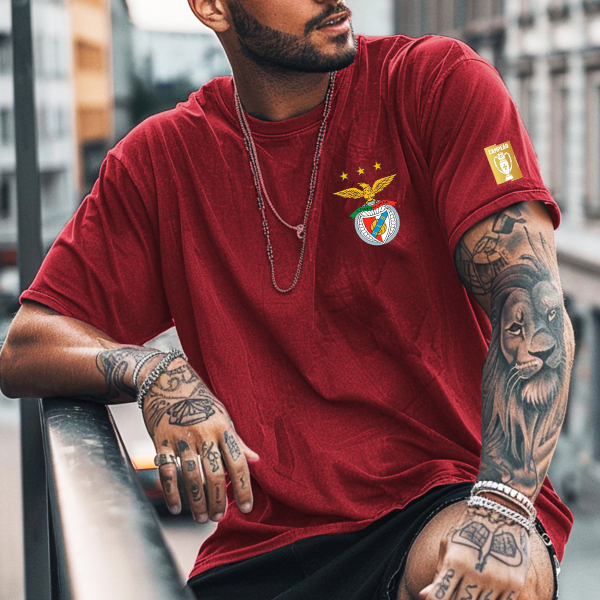  Stylish Red T-Shirt with Embroidered Logo and Sleeve Tattoo Design