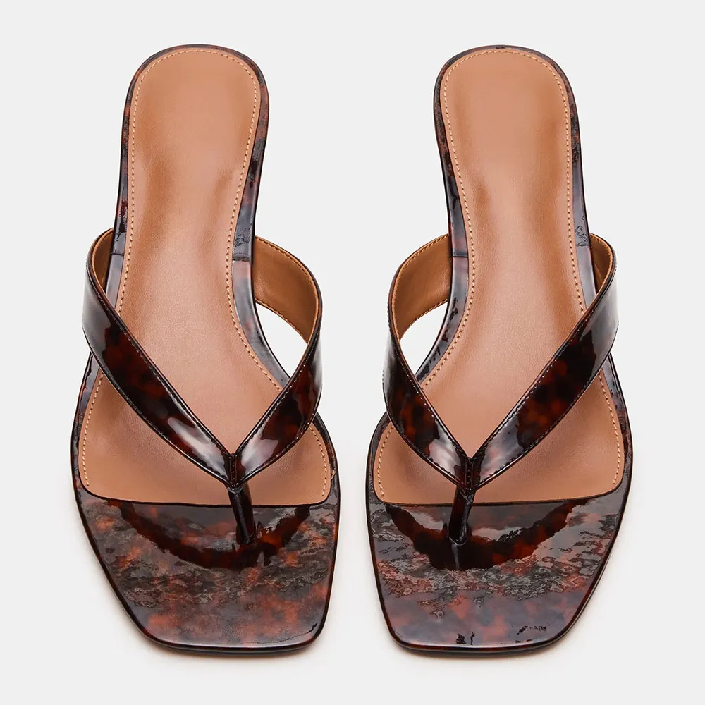 Tortoise Print Open Square Toe Slide Sandals with Kitten Heels