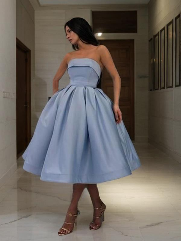 Lussooy Elegant Puffy Strapless Light Blue Tea Length Short Homecoming Dress  