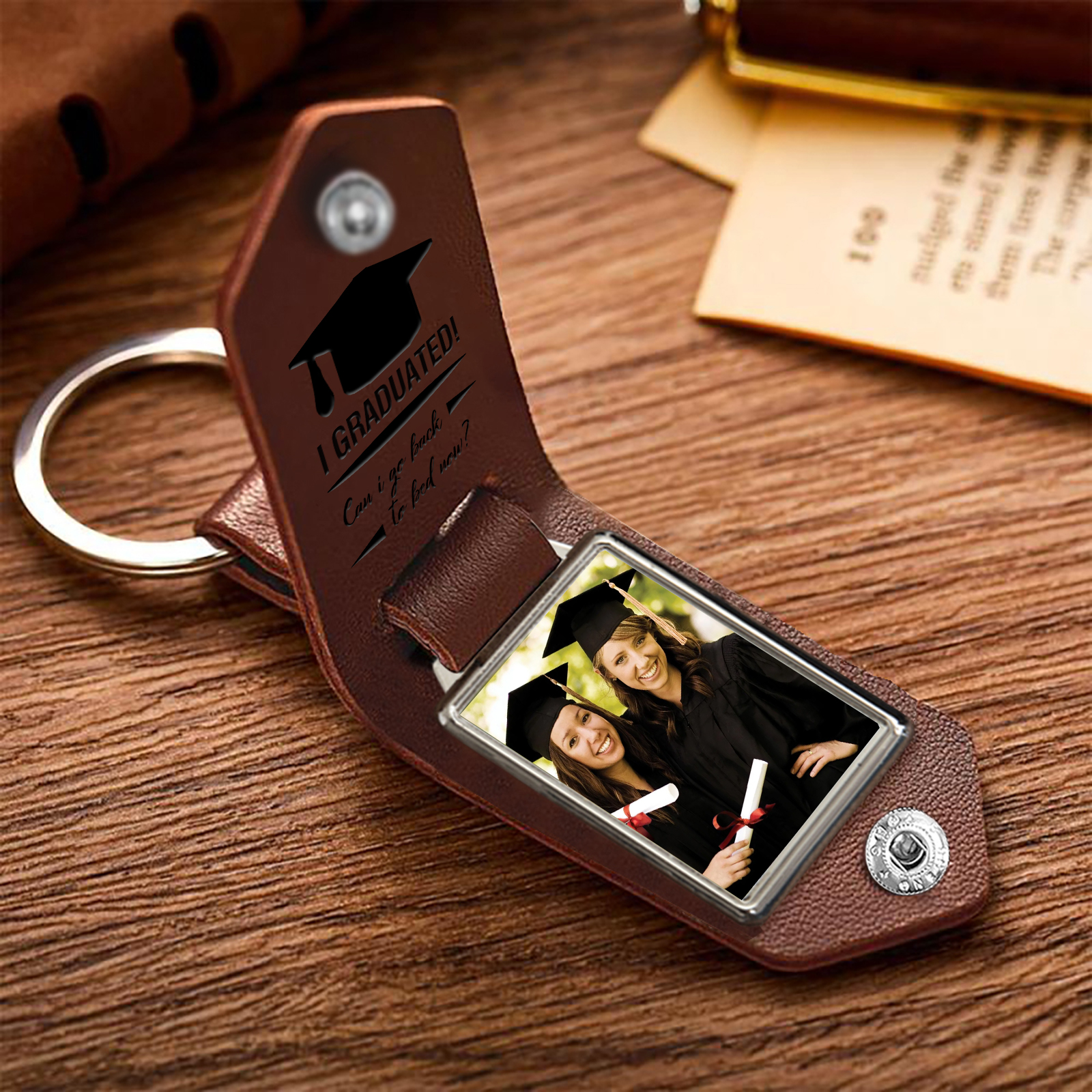 Personalised Graduation Leather Keychain Custom Name & Photo Keychain Graduation Gift - Can I Go Back To Bed Now-Jessemade AU