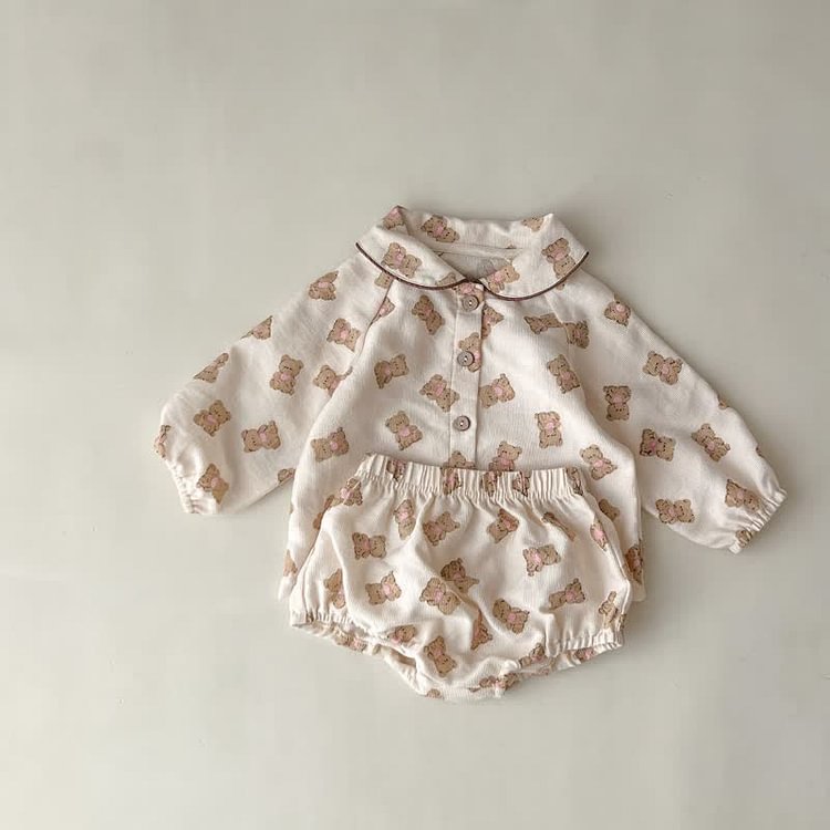 Baby Lapel Collar Corduroy Shirt and Bloomers Set