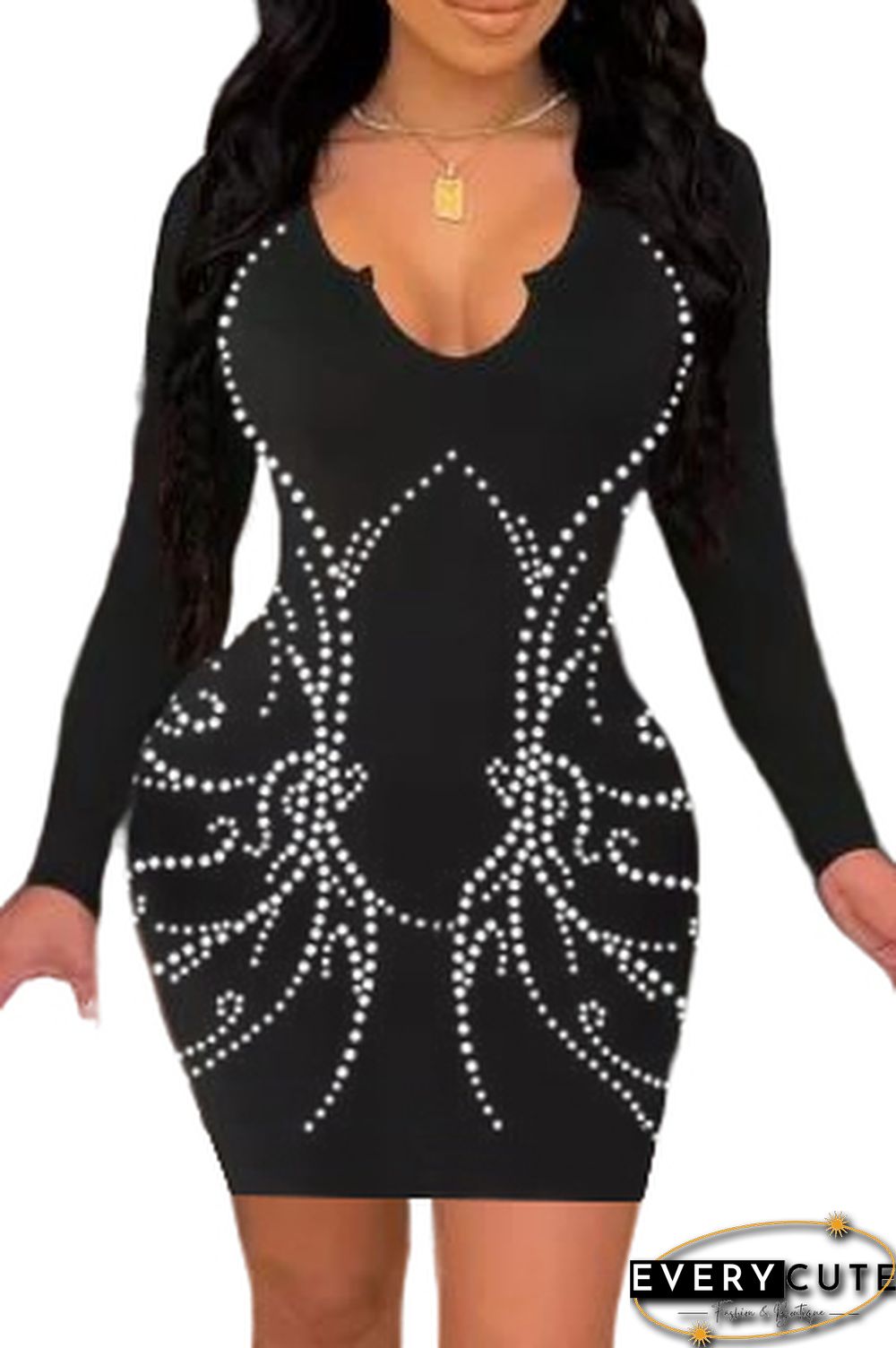 Black Rhinestone U Neck Long Sleeve Bodycon Dress