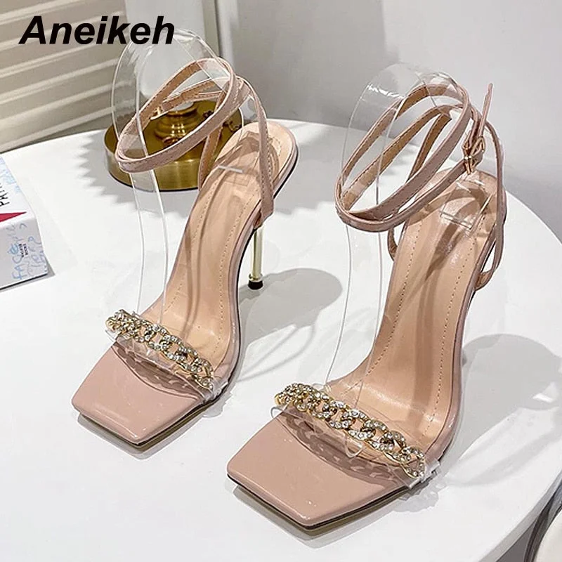 Aneikeh Sexy PVC Chain Crystal Shallow Bling Women's Sandals Summer  Fashion Sewing Thin Heels Cross-Tied 2022 NEW Shoes Sweet
