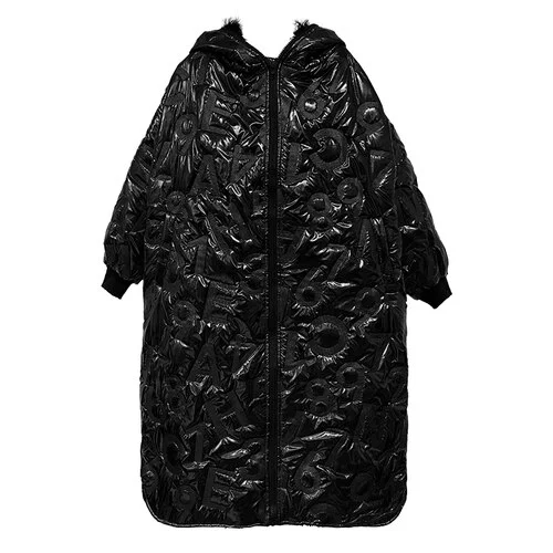 Fashion Loose Hooded Digital Embossing Pockets Split Hem Long Sleeve Parkas Jacket