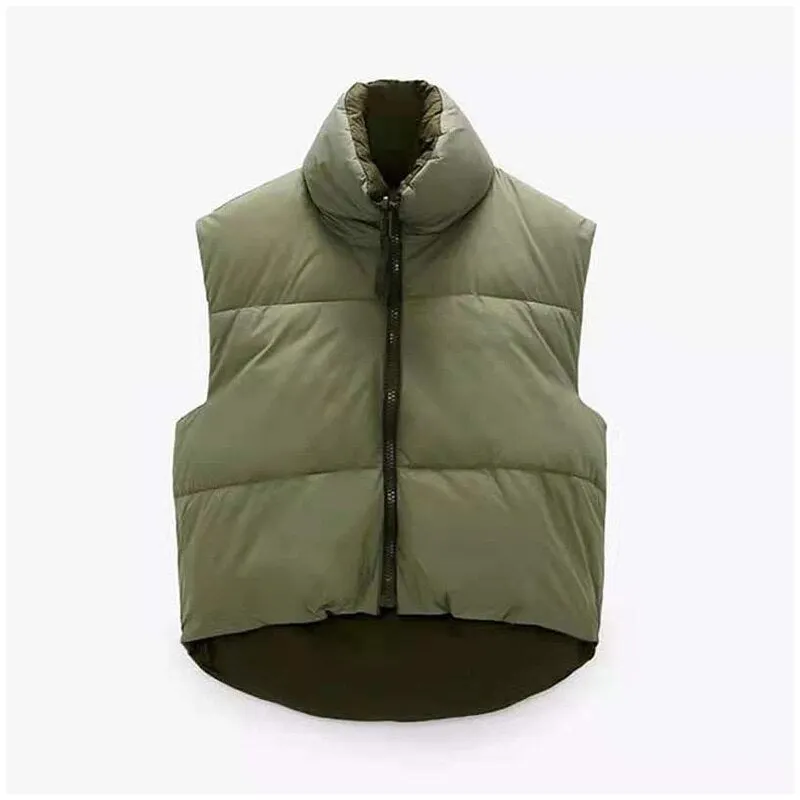 Za Women's Parkas Coats Armygreen Waistcoat Female Jackets Sleeveless Black Outwear Zipper Warm Thick Outerwear Vintage Fashion