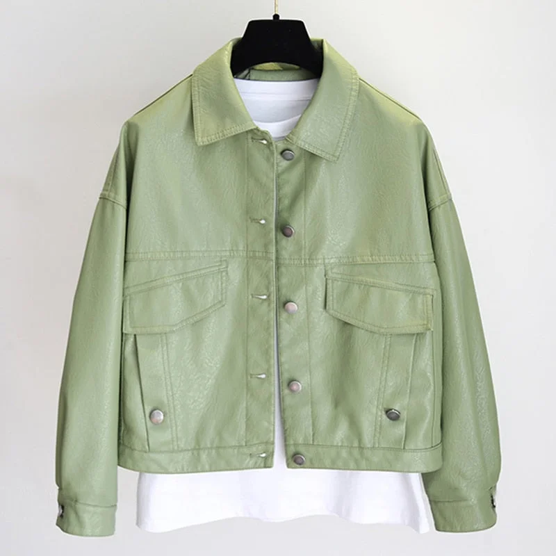 FTLZZ Spring Autumn New Women Faux Leather Jacket Single Breasted Short Loose PU Leather Coat Female Moto Biker Street Outerwear