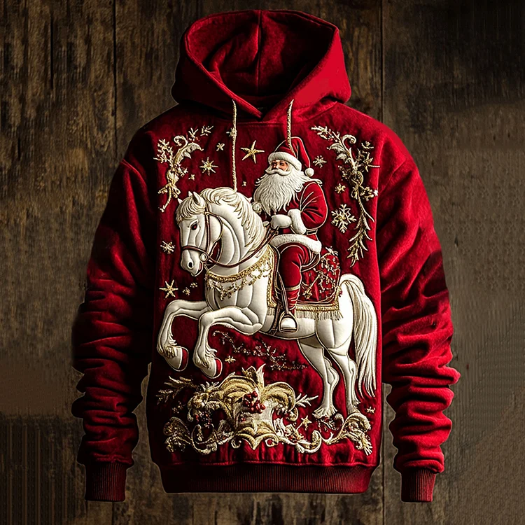 Men's Retro Gold Stamped Christmas Horse Art Print Casual Hoodie