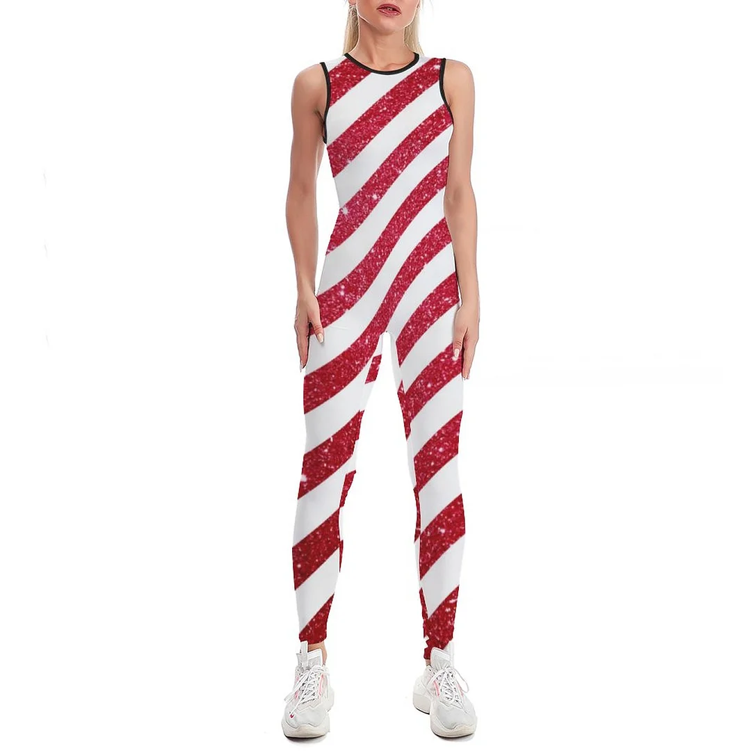 Cute Christmas Candy Cane Glitter Stripped Pattern Bodycon Tank One Piece Jumpsuits Long Pant Retro Yogas Playsuit for Women