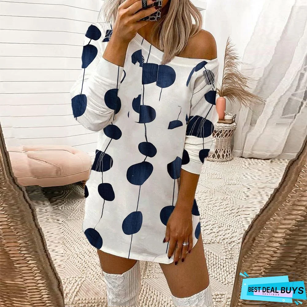 Sexy Leopard Print Off Shoulder Long Sleeve T-Shirt Dress Women White Dresses