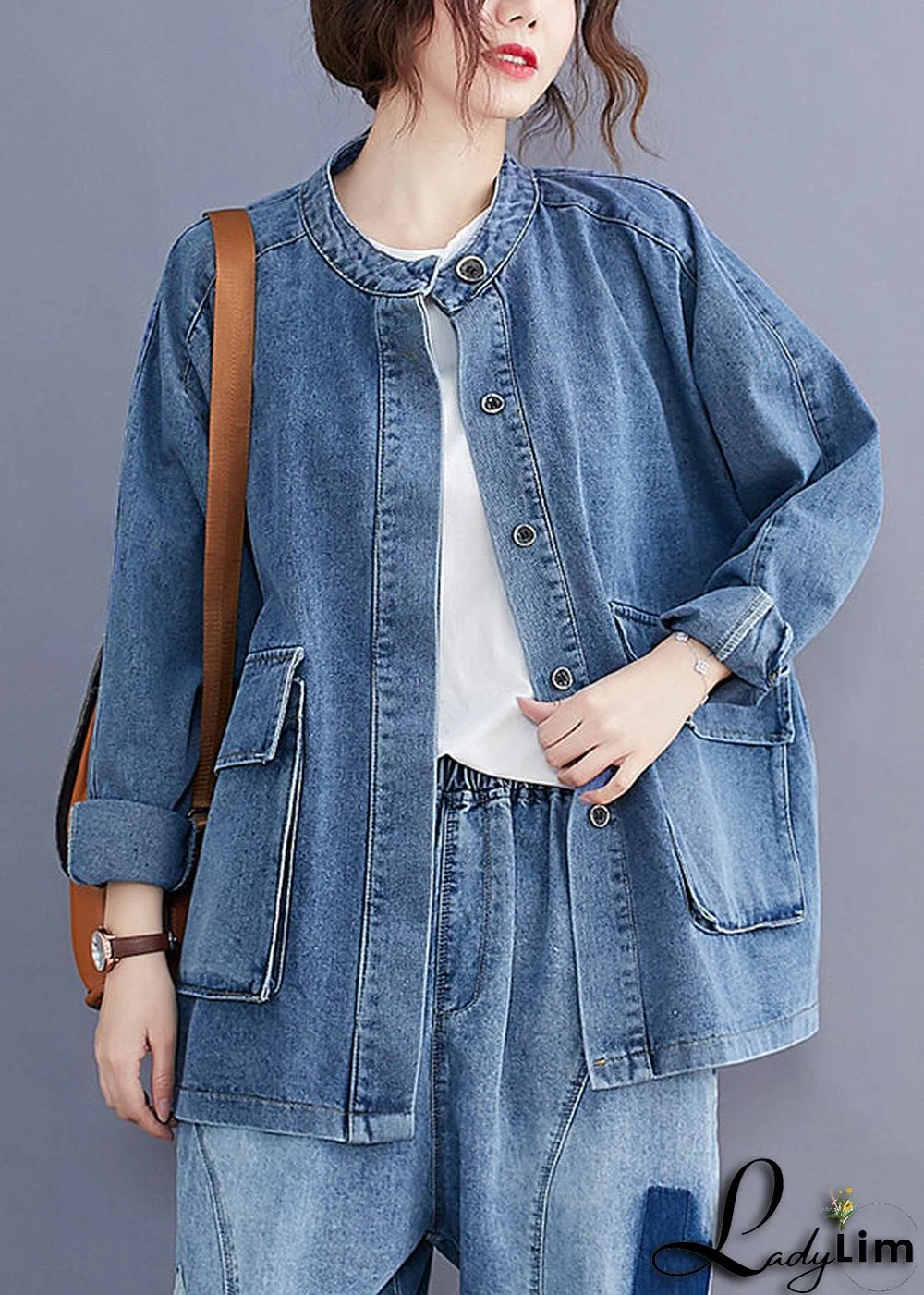 Plus Size Blue Stand Collar Pockets Patchwork Denim Coats Fall