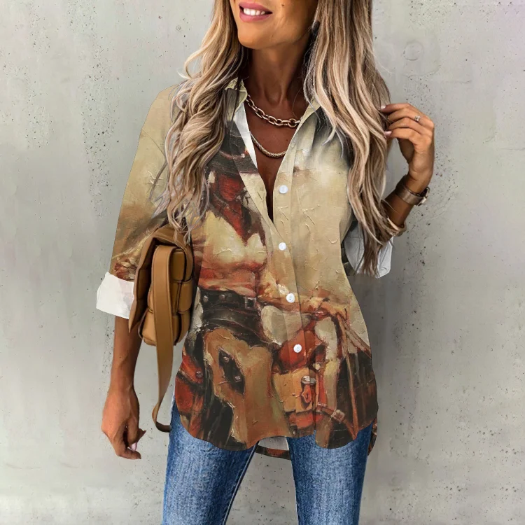 Vintage Canvas Western Cowgirl Print Long Sleeve Shirt